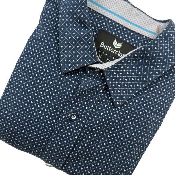 Butter cloth Men's XL Regular Fit Blue Geo Print Cotton Button Down Shirt - Picture 1 of 9